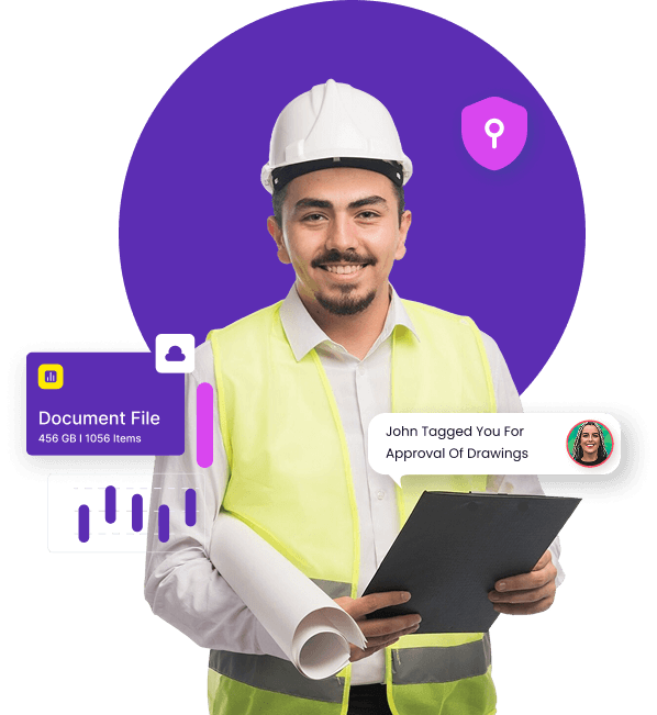 Smiling construction worker holding approved technical drawings at a building site
